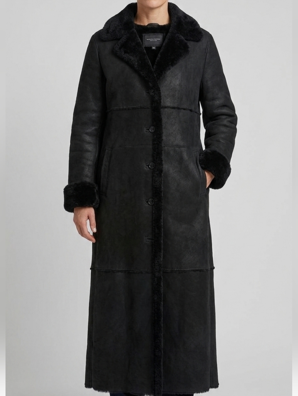 Nuage Collection Long Faux Shearling Suede Coat Black Womens M